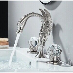 Brushed Nickel Swan Widespread Bathroom Faucet 3Hole Vanity Basin Sink Mixer Tap